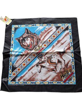 NEW Vtg Harley-Davidson Bandana Native American Wolf Horse  Cotton Made In USA